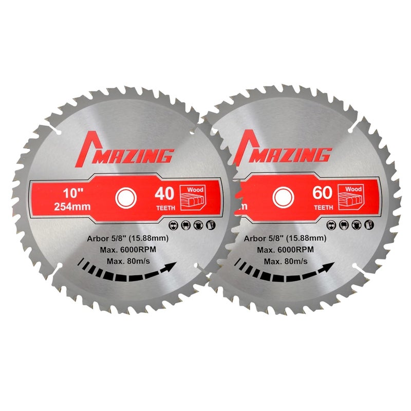 MAZING 2-Pack 10 Inch 40T&60T Circular Saw Blades, TCT Circular Miter & Table Saws Blades with 5/8 Inch Arbor, ATB Design for Woodworking, Fit for Cutting Plywood, Soft/Hardwood, Wood with Nails - Image 1